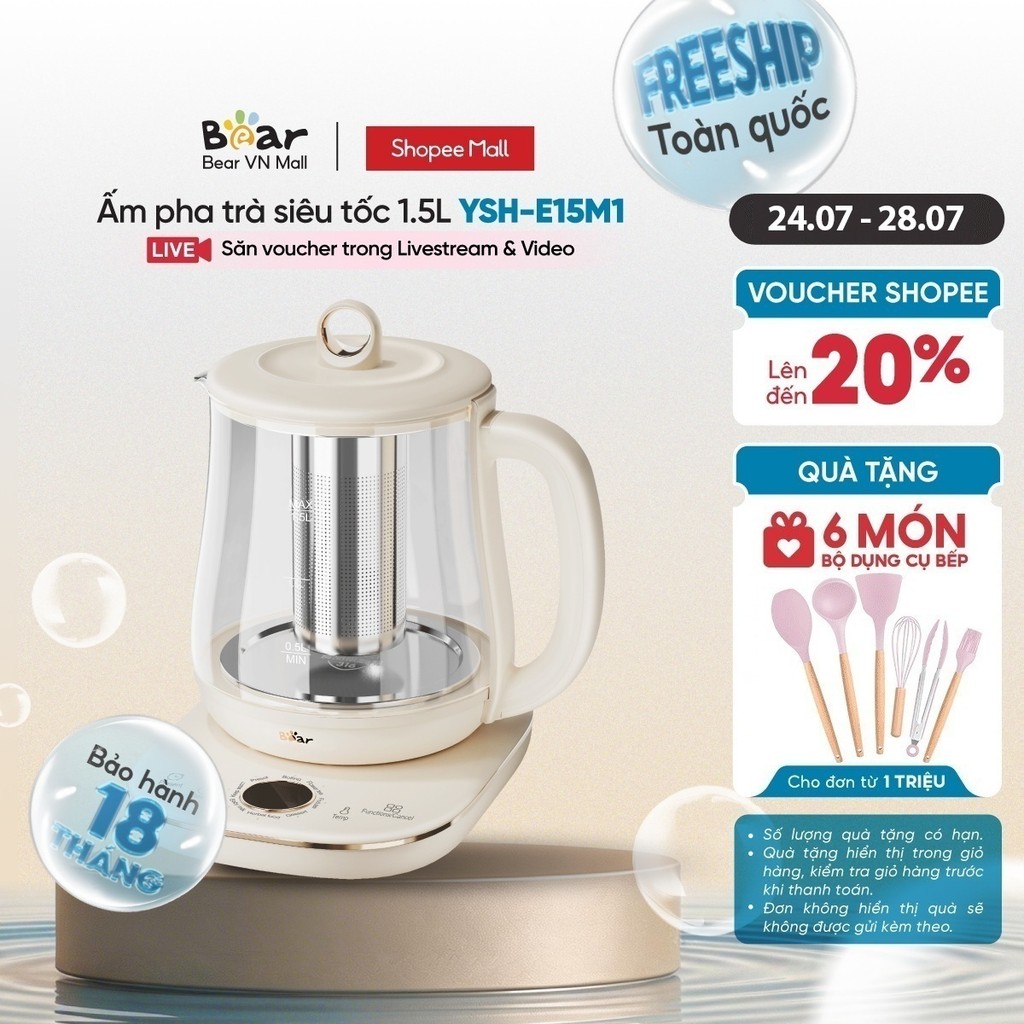 Ấm Đun Pha Trà 1.5L Siêu Tốc Bear YSH-E15M1 - Hàng Chính Hãng