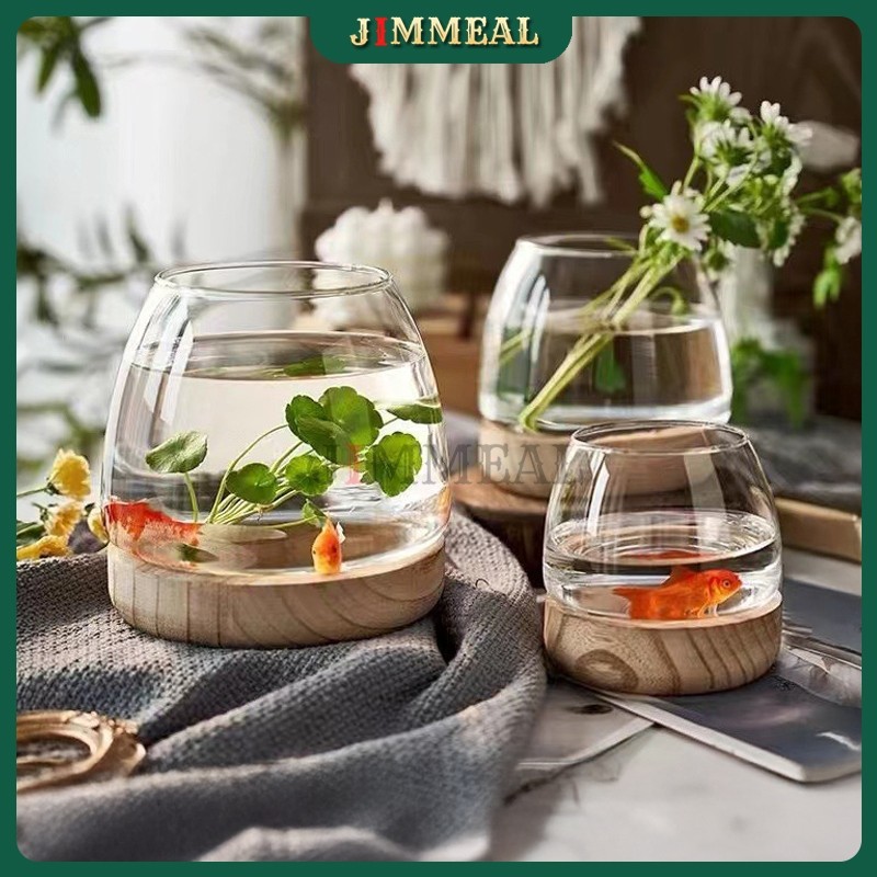 [Bao Vỡ] Chậu Thuỷ Tinh Đế Gỗ Dùng Nuôi Cá, Trồng Cây Thủy Sinh, Cắm Hoa JIMMEAL Mini Để Bàn
