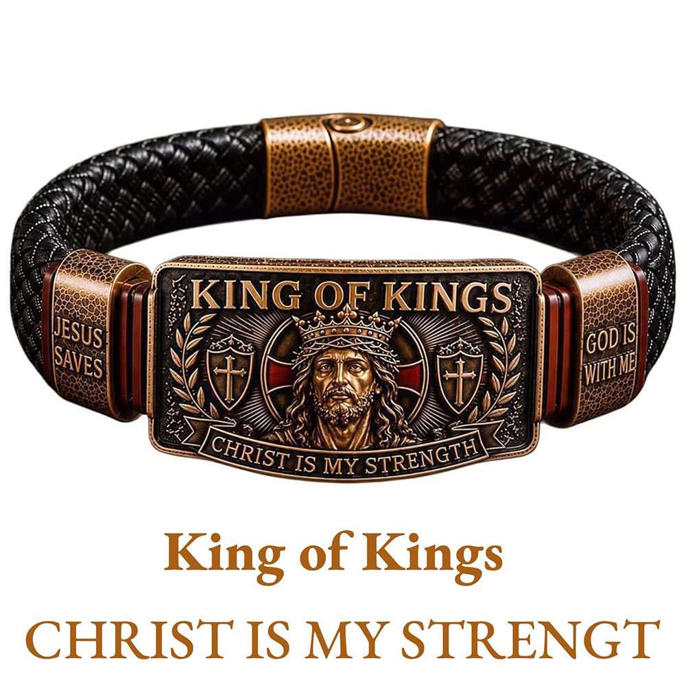Men King of Kings Jesus Leather Bracelet Christ Is My Strength Christian Faith Woven Bangle Religiou