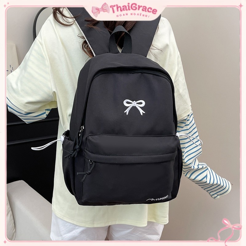 Balo ulzzang đi học vải trượt nước balo nữ họa tiết nơ thêu vừa laptop 14 inch ThaiGrace