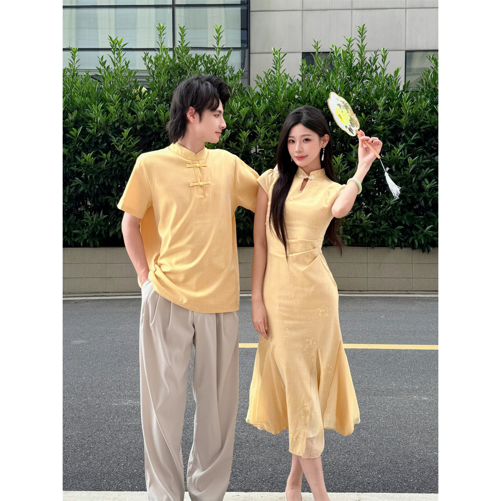 [Bán chạy] Yusui Jinlan Cặp đôi phong cách Trung Quốc mới Chèn màu vàng đuôi cá cải tiến Bộ áo liền 