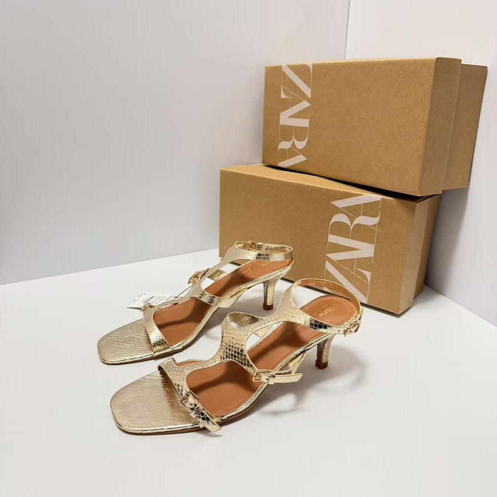ZARA New gold women's shoes, fashionable low-cut open-toe back-strap stiletto high-heeled sandals