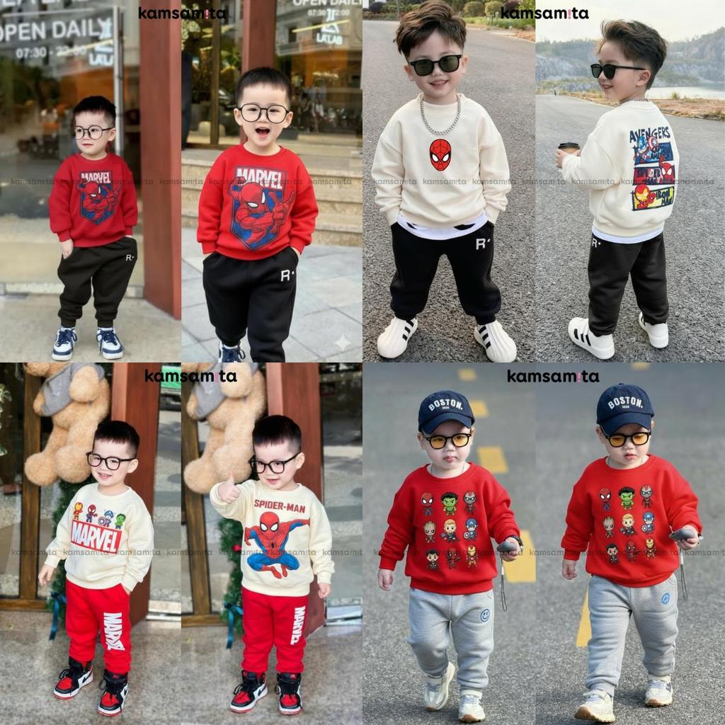 [12-35kg] Bộ quần áo nỉ bông trẻ em thu đông KAMSAMITA họa tiết MARVEL vải cotton 330gsm
