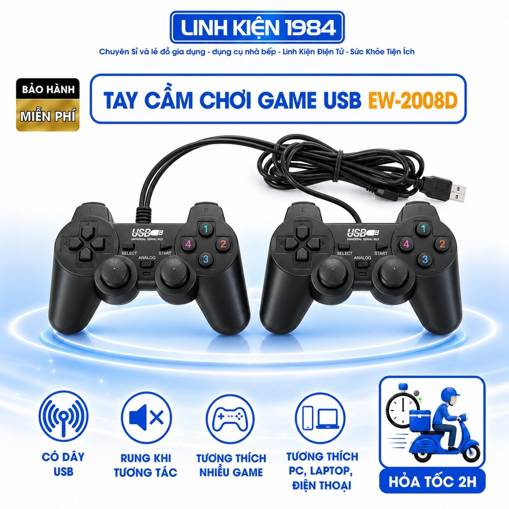 Tay Cầm Chơi Game USB EW-2008D Đôi Có Rung – Gamepad PC Laptop Điện Thoại