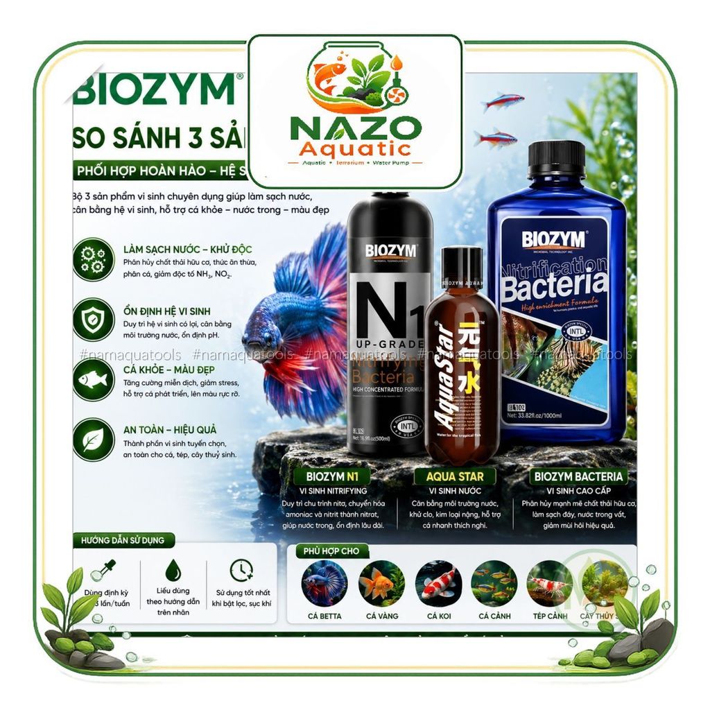 So sánh chi tiết giữa Biozym N1, Biozym Bacteria Fresh & Marine, và Biozym Aqua Star NAZO Aquatic
