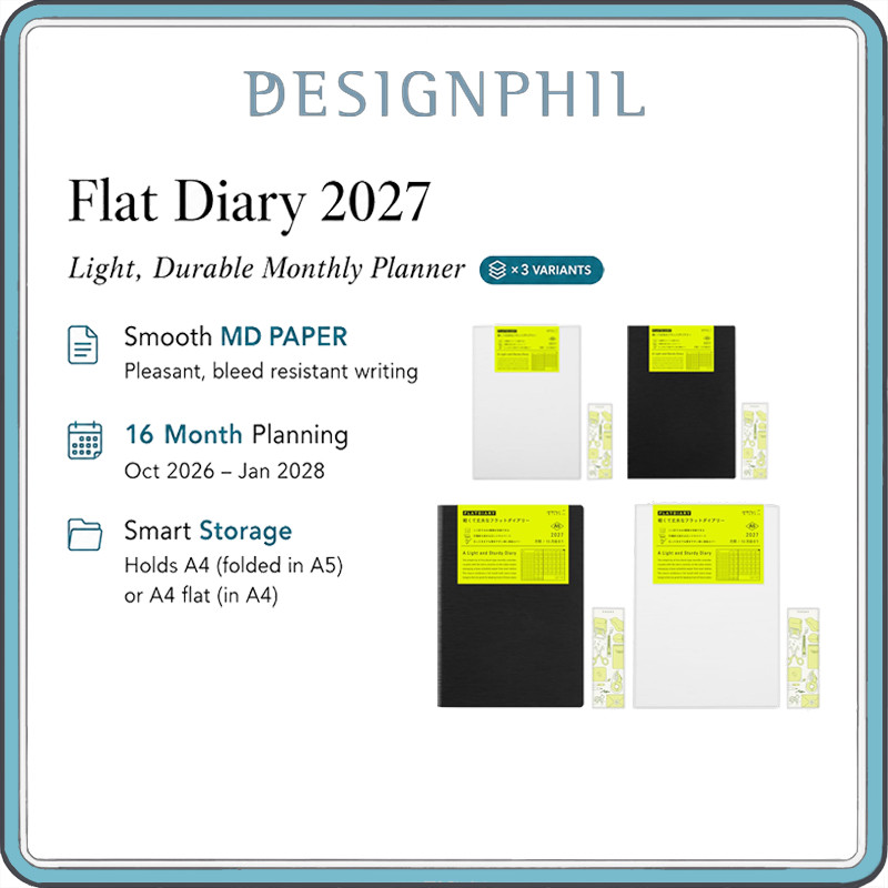 MIDORI Flat Diary 2027 Monthly Planner – A4/A5, Black/White, October 2026 Start, 16 Month Japanese S