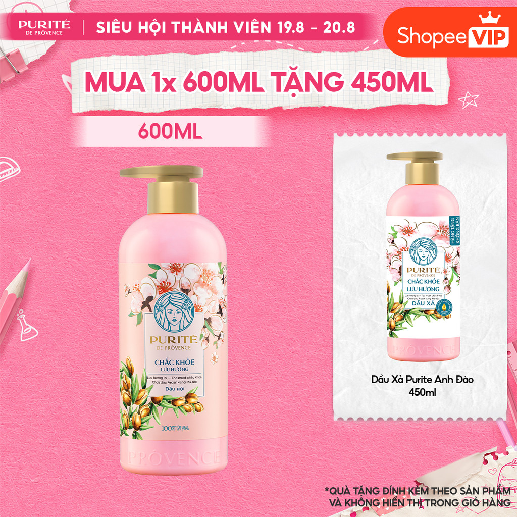 [VOUCHER SVIP 20%] Dầu Gội PURITÉ Chắc Khỏe Lưu Hương 600ML Tặng  Dầu Xả Chắc Khỏe Lưu Hương Anh Đào