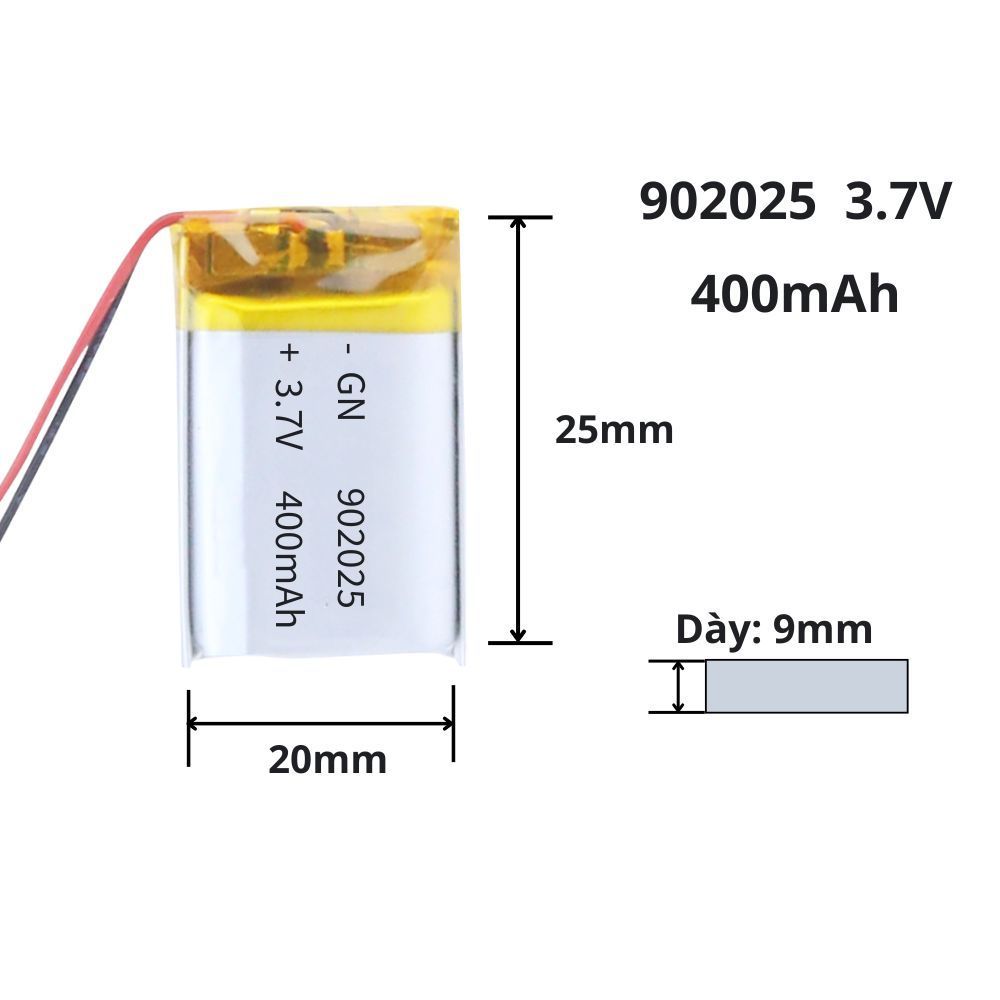 Pin sạc 3.7V 902025 400mAh cho tai nghe, Loa, thiết bị điện tử