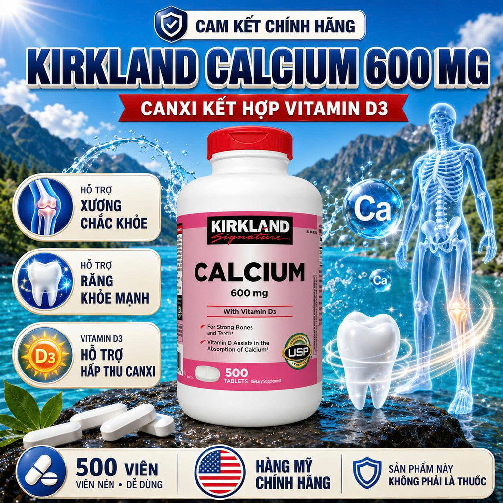 Viên Canxi Kirkland Calcium 600mg Vitamin D3 500 viên Date 2027 MỸ