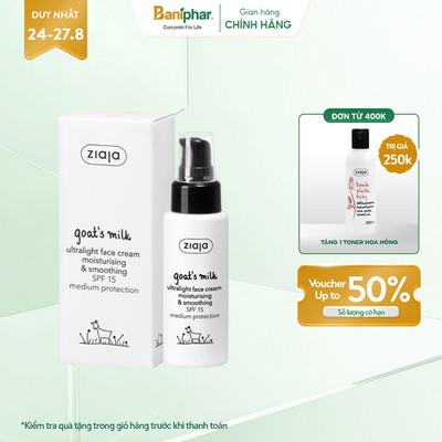 Kem dưỡng ẩm sữa dê Ziaja Goat's Milk Ultralight Face Cream Moisturising & Smoothing SPF15 mềm mịn, ngừa lão hóa da 50ml