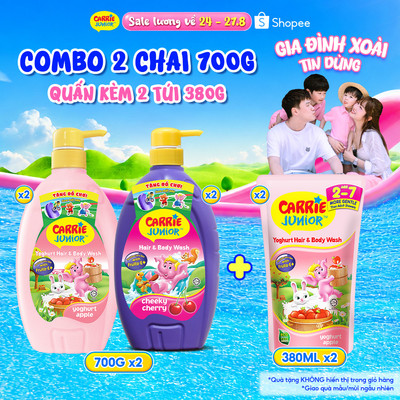 [TẶNG 2 TÚI 380G] Combo 2 Sữa Tắm Gội thành phần thiên nhiên & sữa chua Sạch Dịu Nhẹ & ẩm mịn Cho Bé Carrie Junior 700g