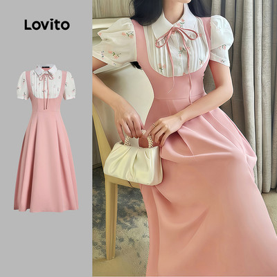 Lovito Đầm Midi Dáng Chữ a Tay Phồng Cổ Nơ Phối Vải Thắt Nơ Phía Trước Màu Hồng Thích Hợp Mặc Hàng Ngày Vào Mùa Xuân/hè Cho Nữ LR35E043