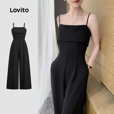 Jumpsuit Lovito thanh lịch giả hai lớp thiết kế đơn giản mùa xuân/hè màu đen cho nữ L150ED033