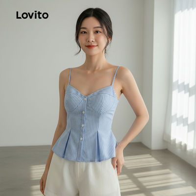 Lovito Phong cách thường ngày Áo nữ cổ thắt nút dáng thoải mái đường nếp màu xanh mùa Xuân/Hè L144AD031