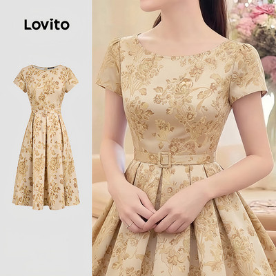 Đầm nữ Lovito thanh lịch kaki xuân hè có dây thắt lưng xếp ly L183ED068