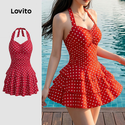 (New Arrival) Lovito Đồ bơi một mảnh họa tiết xếp lớp không lưng màu đỏ cho nữ mùa xuân/hè LNE147252