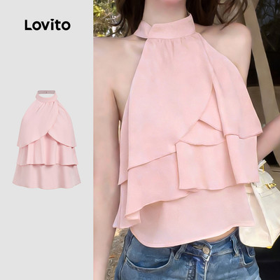 Lovito Áo Kiểu Thanh Lịch Cổ Yếm Không Tay Hở Lưng Xếp Tầng Bèo Nhún Mùa Xuân/hè Màu Hồng Dành Cho Nữ LR32E057