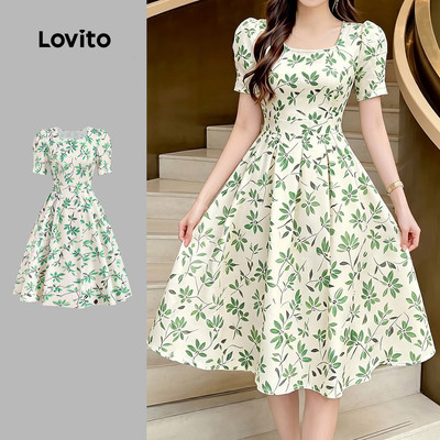 (New Arrival) Lovito Đầm Nữ Mùa Xuân/Hè Họa Tiết Thanh Lịch Xếp Ly Viền Ren L196ED607