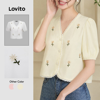 Lovito Phong cách thường ngày Áo kiểu dễ thương Nút cổ xếp nếp hoa mùa hè / mùa xuân cho nữ L98AD199