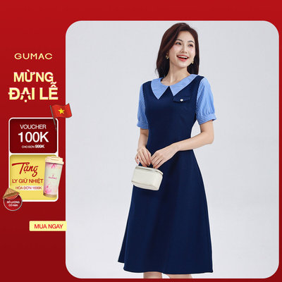 Đầm Chữ A Nữ GUMAC Váy Công Sở Phối Cổ Sọc Thiết Kế Thanh Lịch Chất Tuyết Mưa Có Túi LDF0904