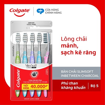 Bộ 5 Bàn chải Colgate Slimsoft Between Charcoal lông chải mềm mảnh xen sợi phủ than hoạt tính