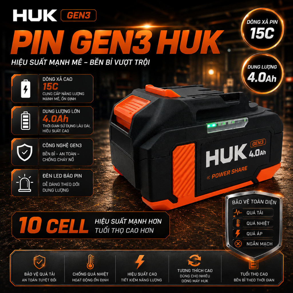 Pin HUKAN 10 Cell 4.0Ah Cao Cấp HUK GEN3 Và GEN1 HUKAN 15CELL- Chân Pin Phổ Thông - Dùng Cho Bê Tông