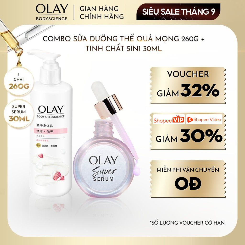 [LIVE] Combo Sữa dưỡng thể Olay (Dưỡng Sáng/Quả Mọng/Dạ Lan Hương) 260g + Super Serum OLAY 5in1 30ml