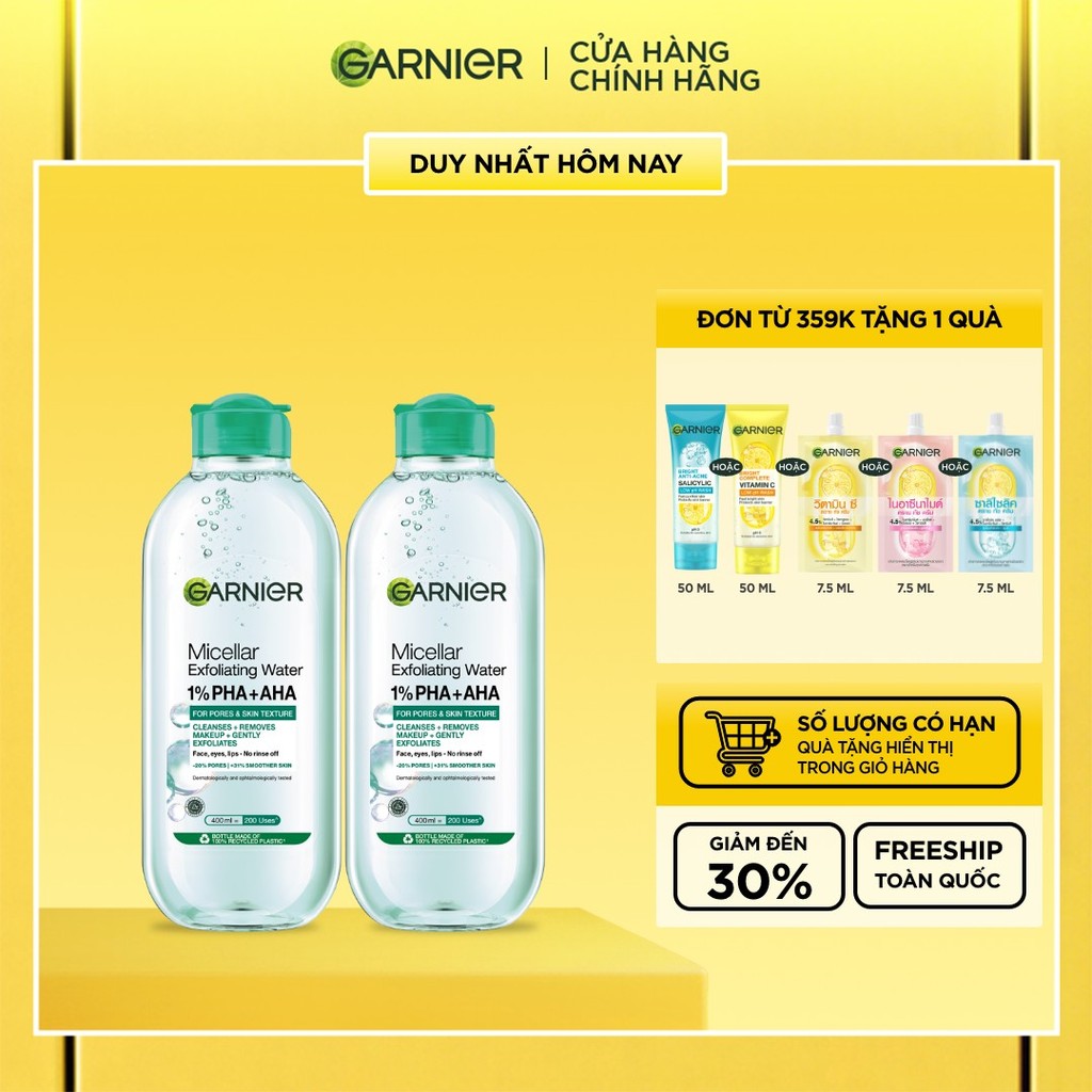 Bộ 2 nước Tẩy Trang sạch sâu & làm sạch tế bào da chết - Garnier Micellar Exfolliating Water 400mlX2