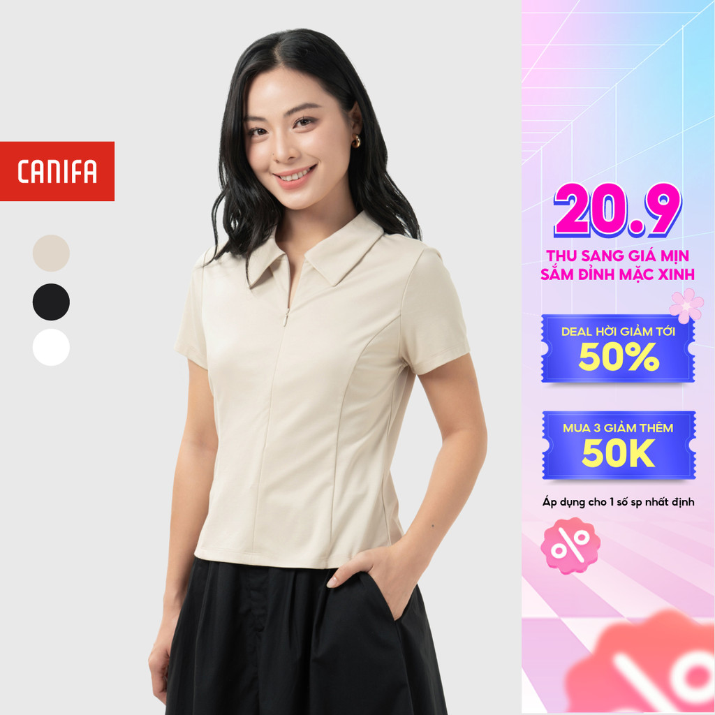 Áo Polo nữ cổ bẻ khóa kéo cộc tay dáng ôm chất liệu mềm mịn cao cấp CANIFA 6TP26S004