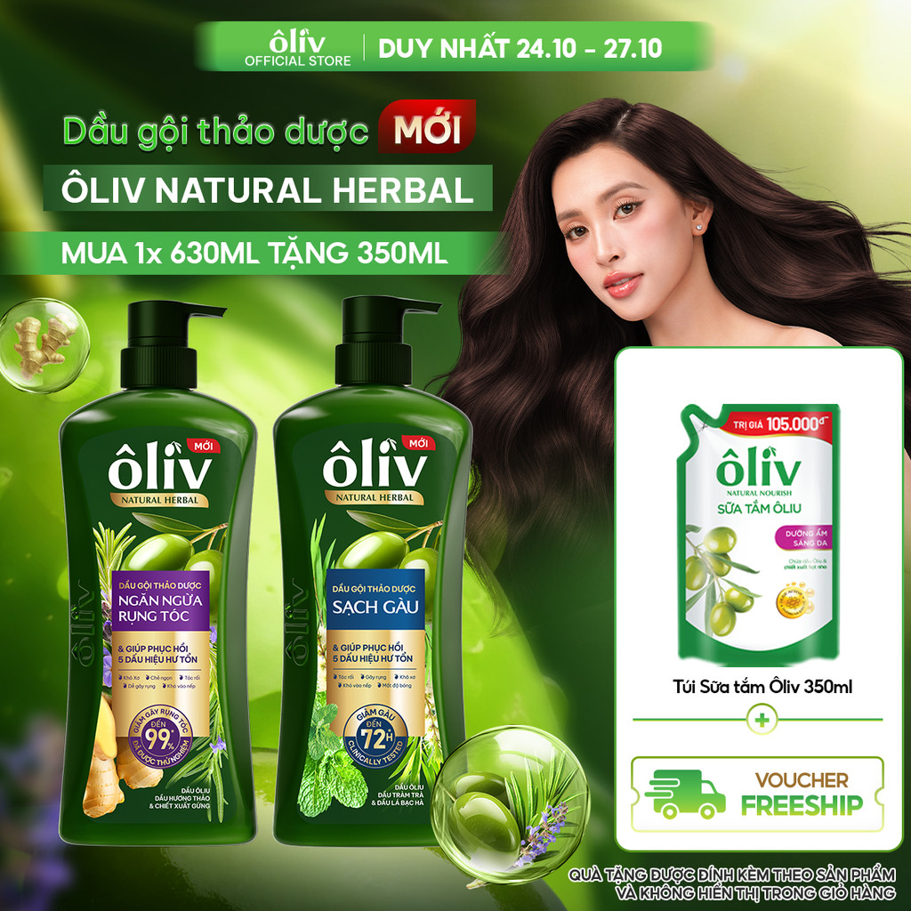 [MỚI RA MẮT] Dầu Gội Thảo Dược Ôliv Natural Herbal Ngăn Gãy Rụng/Sạch Gàu 630ML + Tặng Túi 1 Sữa Tắm Dưỡng Sáng Da 350ML