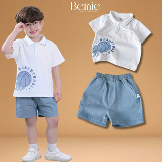  Set bộ polo tay ngắn bé trai áo polo họa tiết bóng rổ kèm quần short jean 9đến 28kg BERNIE H0825B40Đ 