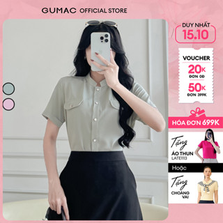 [NEW] Áo sơ mi nữ cổ trụ tay ngắn lật lai nắp túi giả vải silk lạnh thời trang GUMAC LAF0814