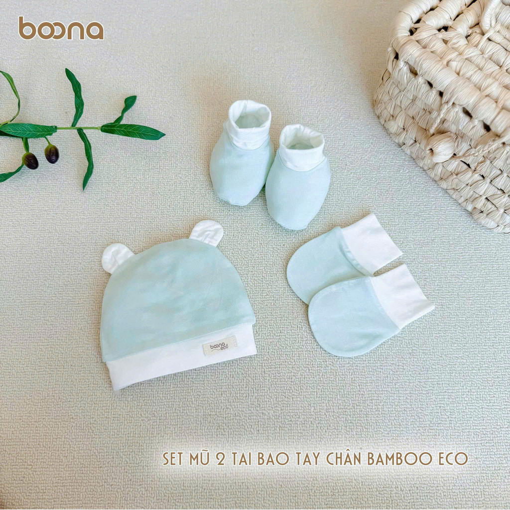 Set Mũ Tai Gấu Và Bao Tay Chân  Nền Màu Chất Vải Sợi Tre Eco Boona Cao Cấp Mềm Mát Cho Bé Sơ Sinh (Mã Màu)