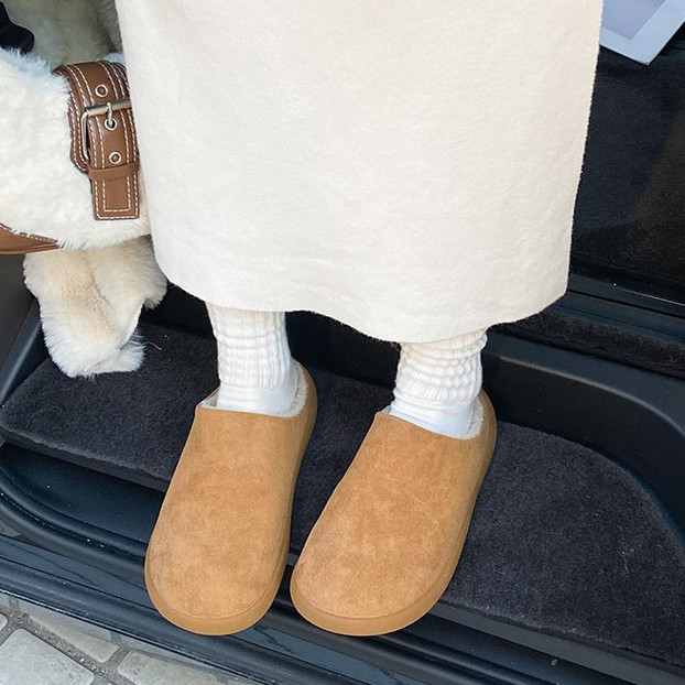 JINxCHOY Hàn Quốc Retro Mũi Tròn Slip-On Nhẹ Fleece-Fit Flat Shoes PU Nữ Ấm Áp Chống Trơn Trượt Müll