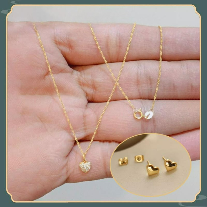 Vòng cổ Ý 18K (AU750) Bộ bông tai vòng cổ hình trái tim zircon mạ vàng 99,99% d dành cho trang sức n