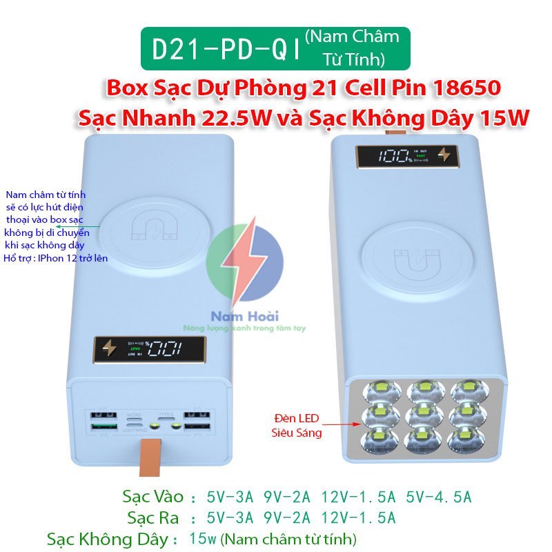 Box sạc dự phòng 21 cell pin 18650 D21 LED Sạc nhanh 22.5W và Sạc nhanh không dây 15W nam châm từ tí