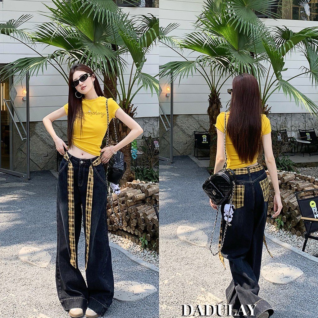 【🔥Hot】 Women's Jeans Plaid Stitching Element High Waist Jeans 2025 New Trendy Trousers