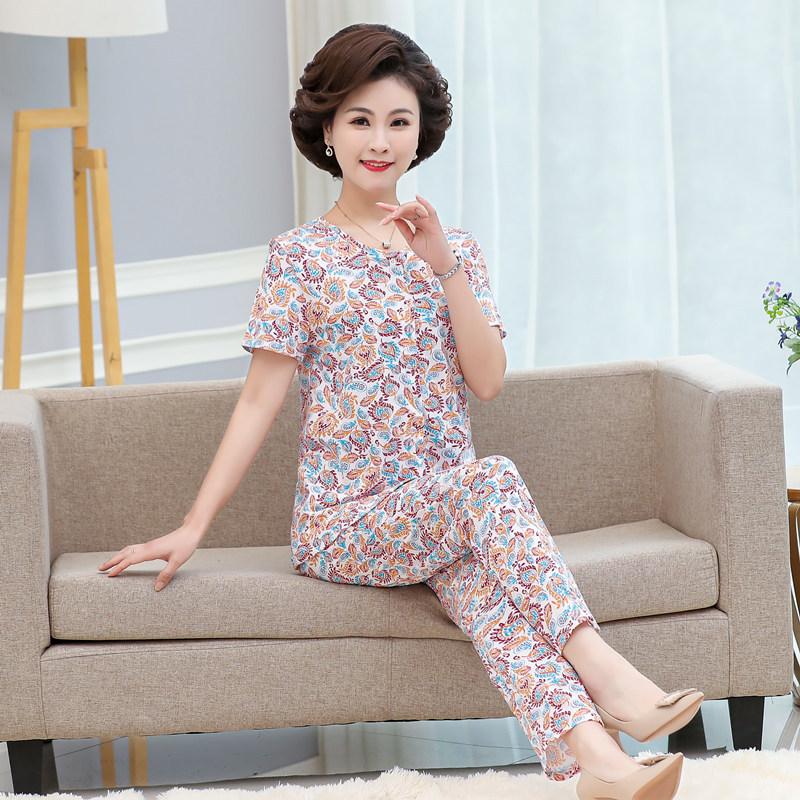 AB Nguyên Chất Cotton Bộ Đồ Ngủ Nữ Mùa Hè Ngắn Tay Quần Mẹ Trung Niên Cotton Rời Size Lớn Cardigan