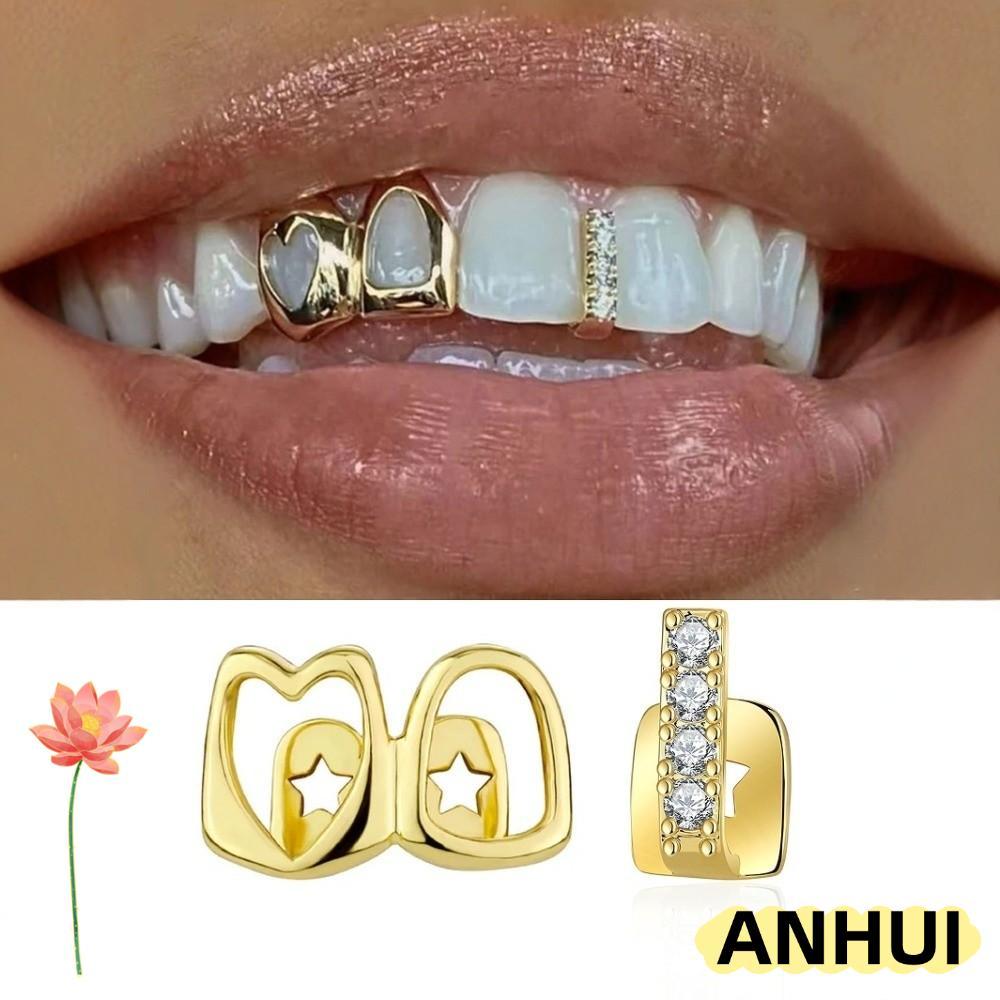 ANHUI Hip Hop Răng Grillz, Màu Vàng Sáng Bóng Grillz, Đồng Rỗng Trái Tim Đôi Trái Tim Răng Mũ Trang 