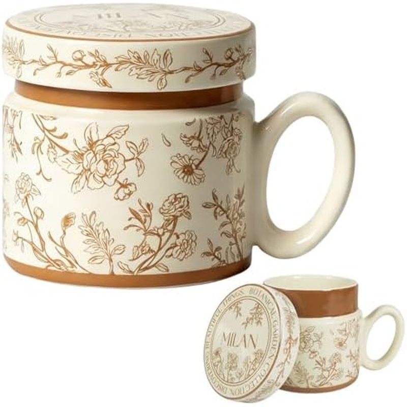 12.9oz Ceramic Coffee Mug with Lid,Flower Patterned Porcelain Mug,Ceramic Tea Cup Coffee Latte Mug f