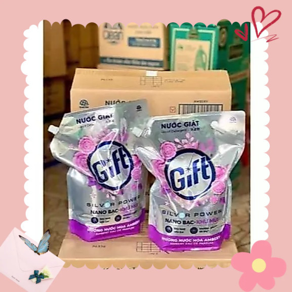 Thùng (4 túi) nước giặt Gift 3kg6 hương Ambery , hương ellie. Nano bạc khử mùi, khử khuẩn 99,9%| NPP