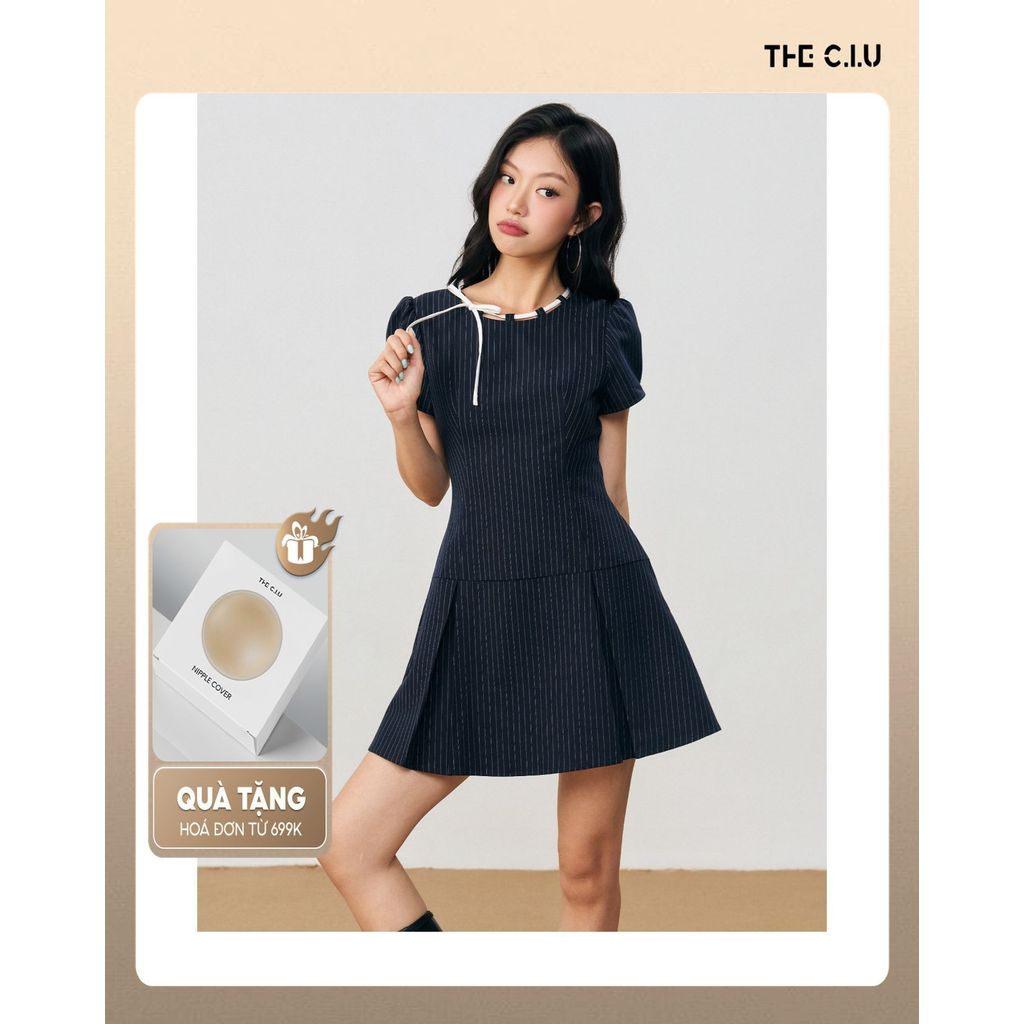 Đầm midi nữ xếp ly sọc cotton cổ tròn tay ngắn THE C.I.U – Serence Dress | BigBuy360 - bigbuy360.vn