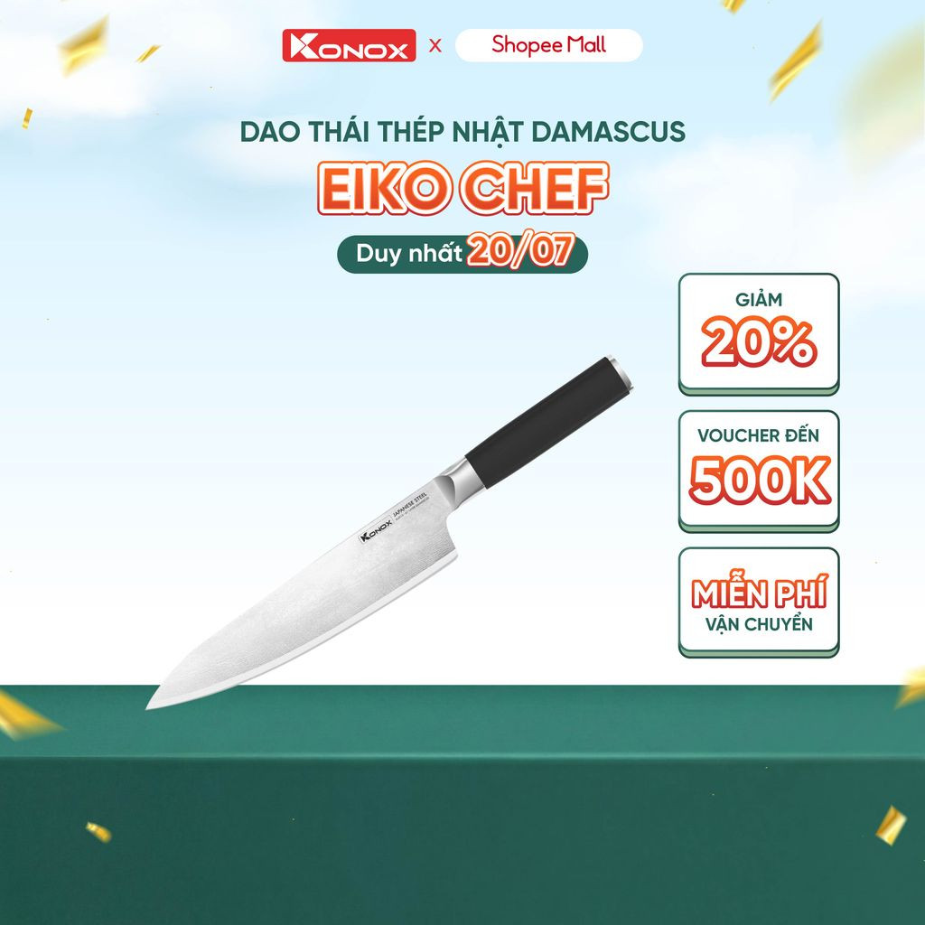 Dao đầu bếp thép Nhật Damascus 67 lớp Konox Eiko Series 8″ Chef Knife