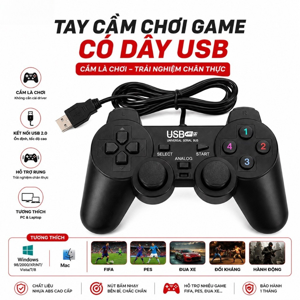 Tay cầm chơi game cho PC/Laptop, PS2, PS3 cổng USB đen (có gạt Analog và có rung)