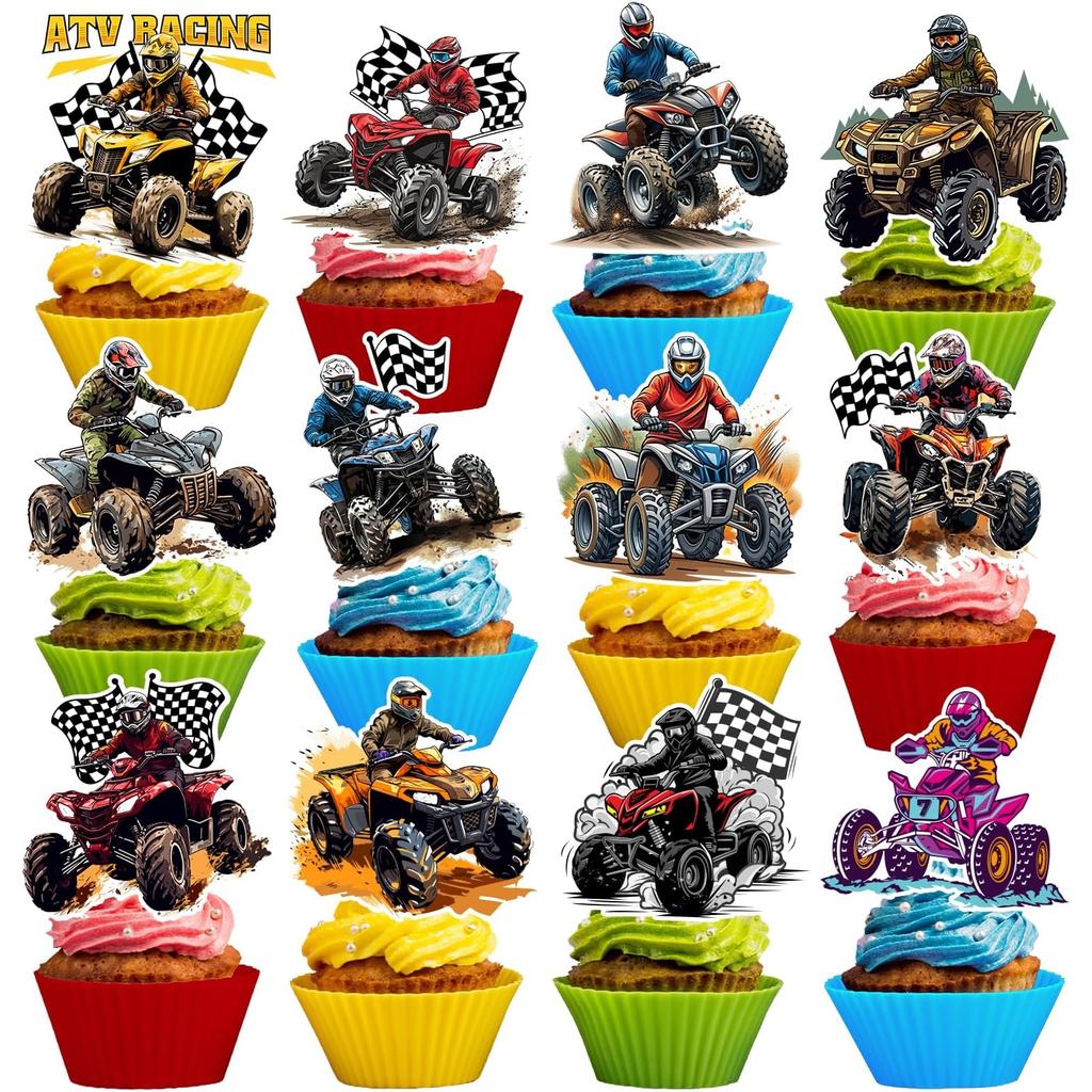 24 Chiếc Bốn Bánh ATV Quad Bike Bánh Cupcake Toppers, Dirt Bike Cupcake Trang Trí Bánh ATV Sinh Nhật