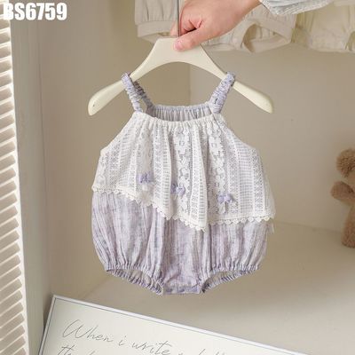 Body Hai Dây Bé Gái Tím Pastel Phối Ren Hoa Trắng Ba Nơ Nổi Dáng Phồng MINTSCLOSET BS6759