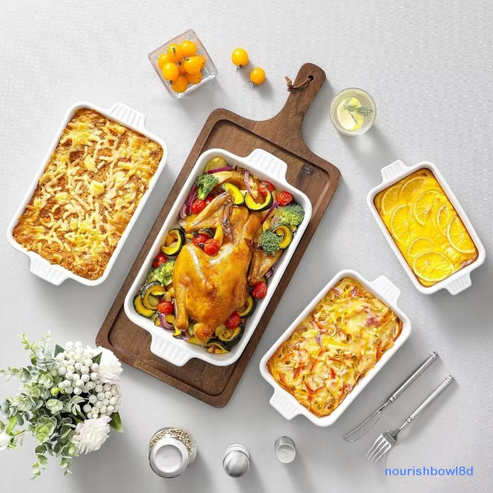 Đĩa nướng NOURISHBOW, có tay cầm Khay nướng bằng gốm sứ sâu, Đĩa nướng hoa văn sọc hình chữ nhật Las