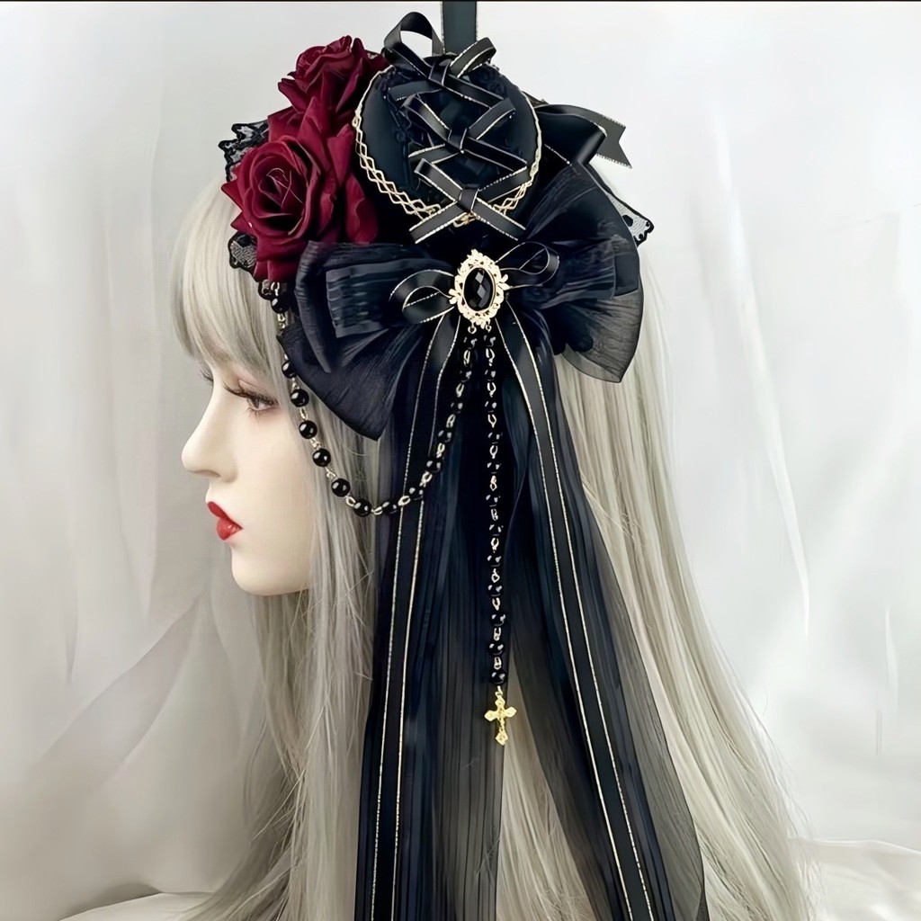 Gothic Gothic Gothic Mũ Đen Hoa Hồng Barrettes lolita Mũ Đội Đầu lolita Phụ Kiện Tóc
