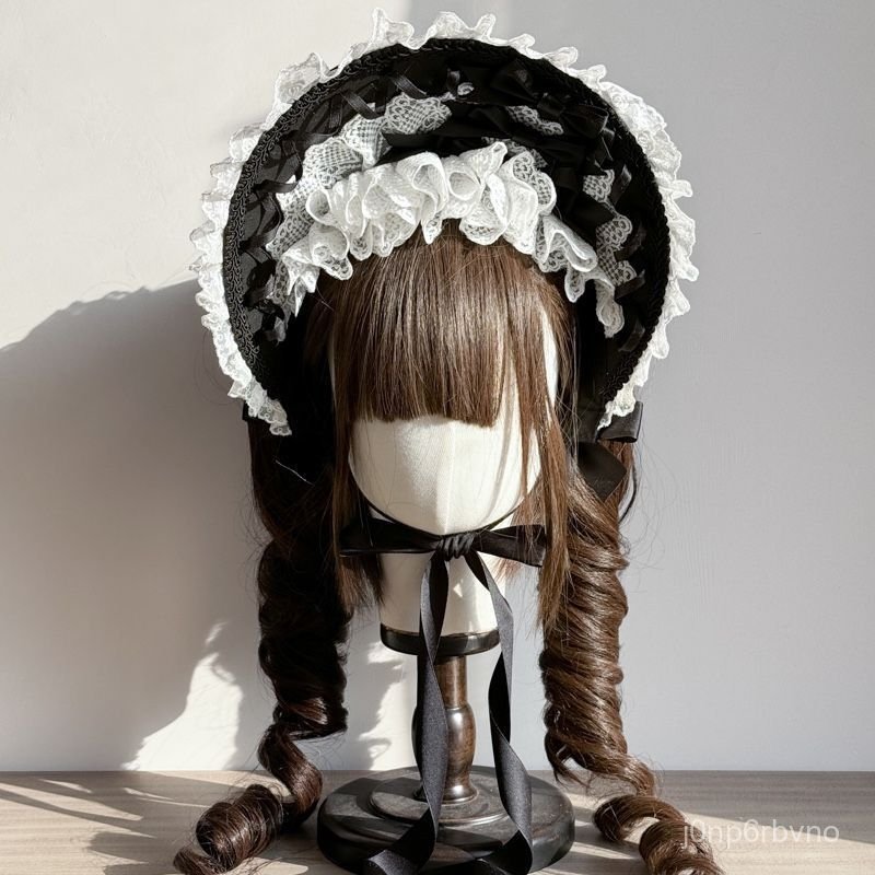 Mũ Bonnet Lolita ren đen Gothic thủ công phong cách tiểu thư ma mị