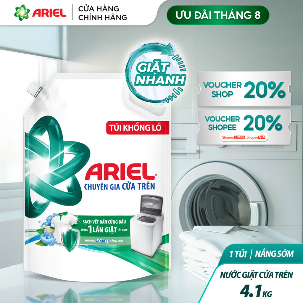 Nước Giặt cửa trên ARIEL sạch Bẩn Hương Nắng Sớm 4.1KG / Nước giặt 10X giặt sạch túi 4.05KG